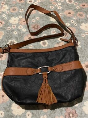Rosetti Black and Brown Leather Tassel Shoulder Bag